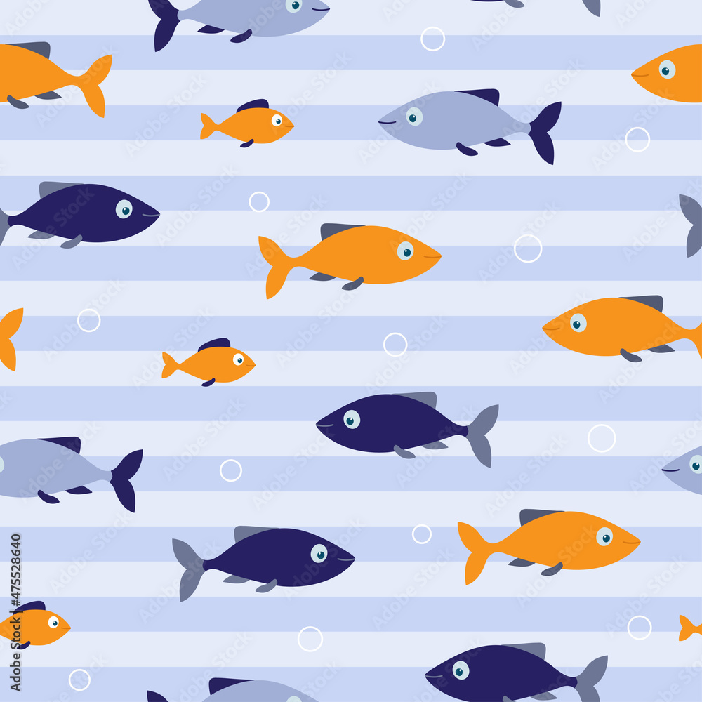 Blue and orange fishes seamless pattern on striped blue background. Good for textile, paper, background, scrapbooking. Blue and orange fishes seamless pattern on striped blue background. Good for textile, paper, background, scrapbooking.