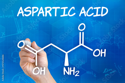 Hand with pen drawing the chemical formula of aspartic acid photo