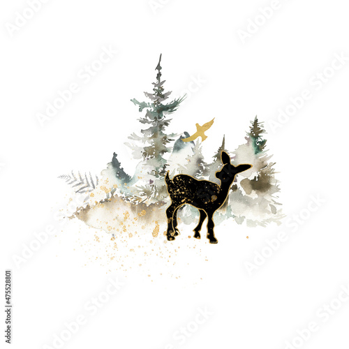 Watercolor woodland night landscape. Hand painted abstract, deer, fawn, birds, gold leaves, greenery, wildflowers, herbs, fern. isolated on white background. illustration for design, print background
