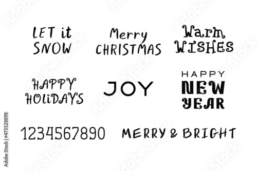 Christmas and New Year text set, hand lettering phrases template, greetings and wishes inscription, black on white