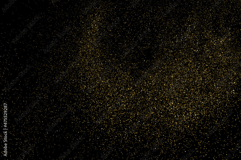 Gold Glitter Texture Isolated on Black Background. Golden stardust. Amber Particles Color. Sparkles Rain. Vector Illustration, Eps 10.