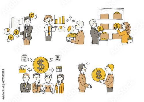 会社の予算について考える人々のセット　会社の財務会計、収入、費用の計算　ゆるい線画の人物イラス