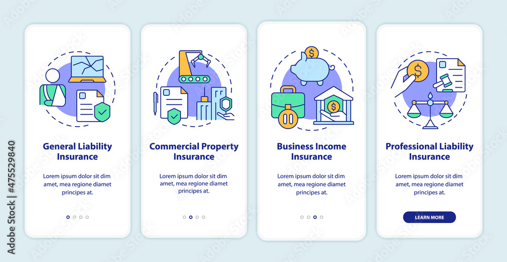 Insurance types onboarding mobile app screen. Coverage walkthrough 4 steps graphic instructions pages with linear concepts. UI, UX, GUI template. Myriad Pro-Bold, Regular fonts used