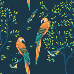 Handdoek met foto Papegaai patronen Vintage ara tussen jungle bomen blauw  © good_mood