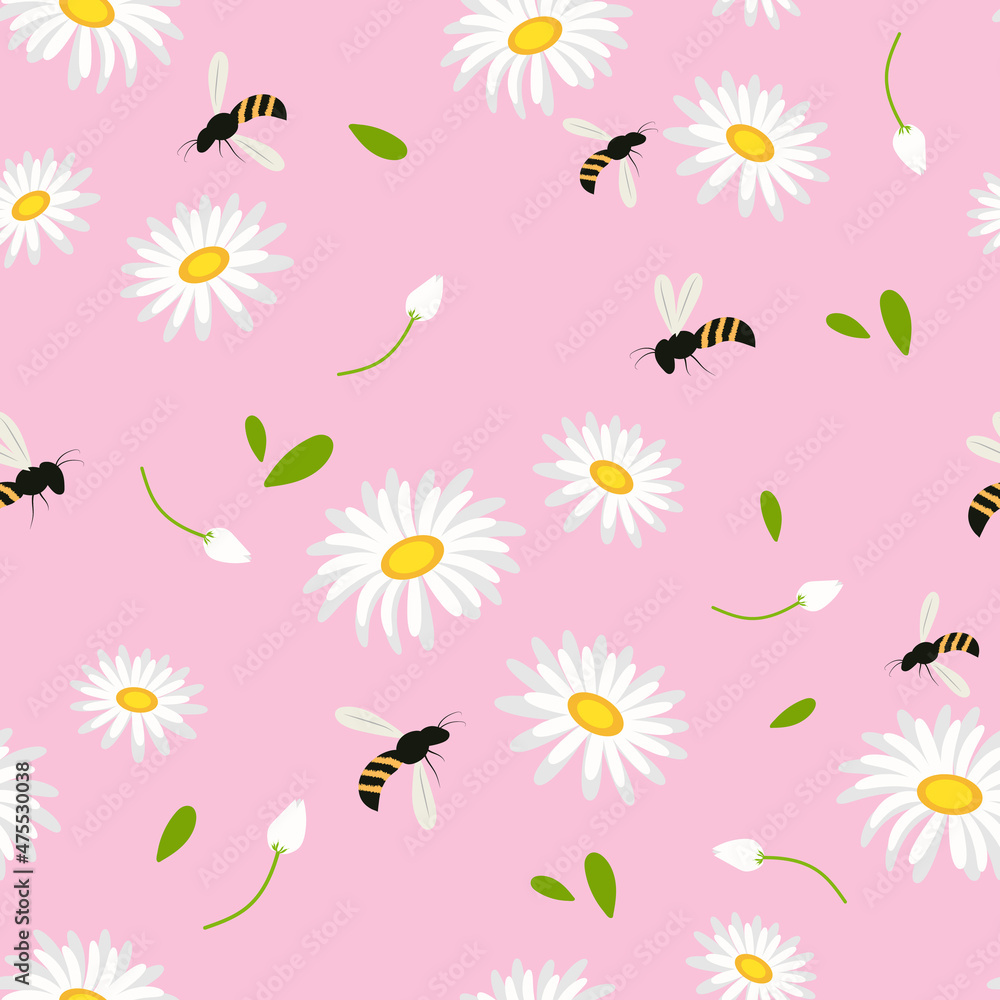 Seamless pattern of chamomile, daisy, with fly bee on a pink background.Wild wasps in a flower meadow.