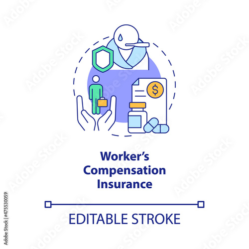 Workers compensation insurance concept icon. Corporate insurance abstract idea thin line illustration. Isolated outline drawing. Editable stroke. Roboto-Medium, Myriad Pro-Bold fonts used