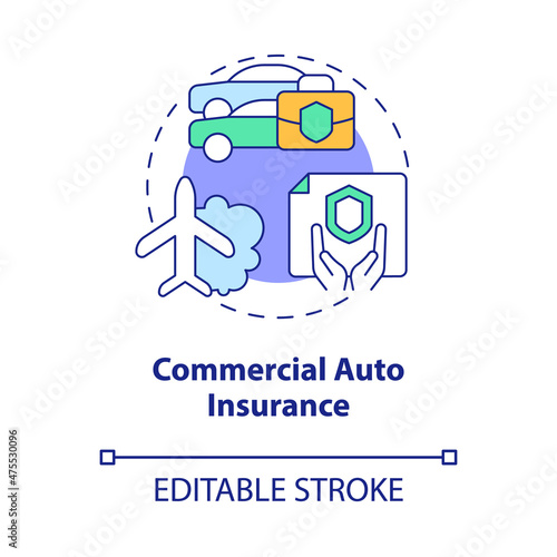 Commercial auto insurance concept icon. Corporate insurance abstract idea thin line illustration. Isolated outline drawing. Editable stroke. Roboto-Medium, Myriad Pro-Bold fonts used