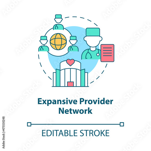 Expansive provider network concept icon. Corporate insurance abstract idea thin line illustration. Isolated outline drawing. Editable stroke. Roboto-Medium, Myriad Pro-Bold fonts used