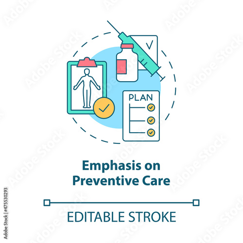 Emphasis on preventive care concept icon. Corporate insurance abstract idea thin line illustration. Isolated outline drawing. Editable stroke. Roboto-Medium, Myriad Pro-Bold fonts used