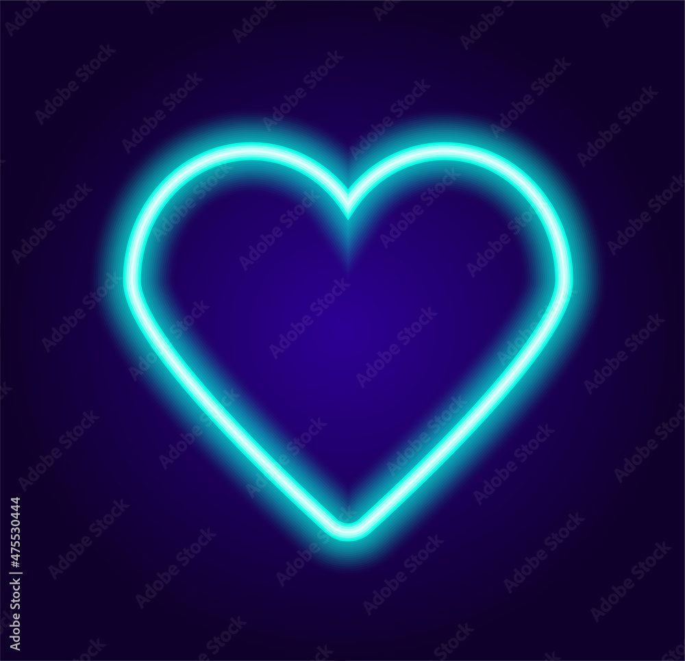 turquoise neon heart. abstract heart-shaped symbol glows blue in the dark, isolated outline on dark blue for shalon design turquoise neon heart. abstract heart-shaped symbol glows blue in the dark, isolated outline on dark blue for shalon design