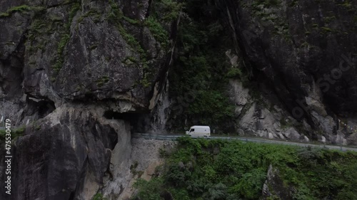 Aerial view of the most dangerous highway NH22 that connects Shimla to Spiti via Kinnaur. The narrow road with a steep valley on one side photo