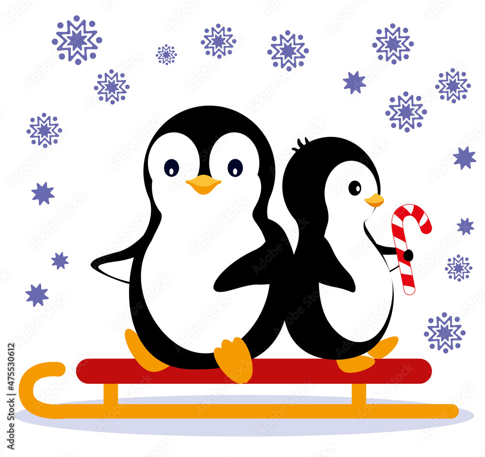 Fototapeta premium Funny penguins ride on a sleigh and eat Christmas lollipops with snowflakes. Vector illustration