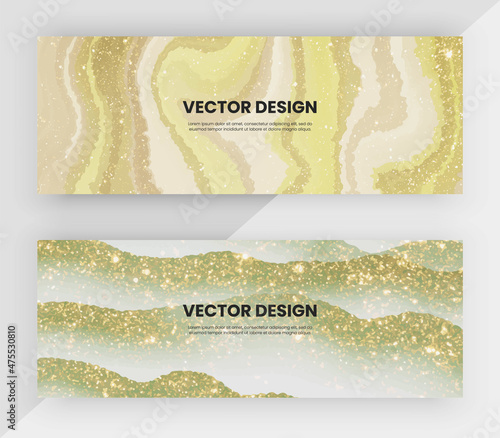 Green watercolor design templates with gold glitter texture