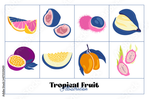 Tropical fruit and graphic design elements collection. Ingredients color cliparts. Sketch style smoothie or juice ingredients.