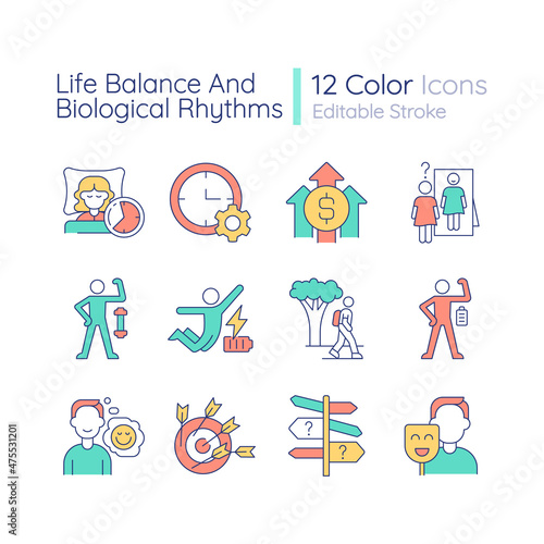 Life balance and biological rhythms RGB color icons set. Healthy lifestyle habits. Isolated vector illustrations. Simple filled line drawings collection. Editable stroke. Quicksand-Light font used