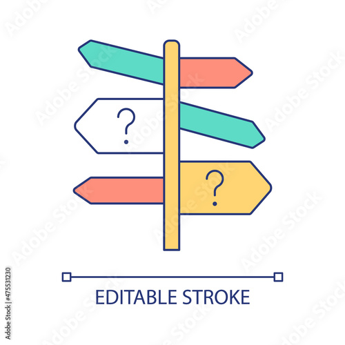 Choosing right direction RGB color icon. Guide boards with question marks. Select ways for searching. Isolated vector illustration. Simple filled line drawing. Editable stroke. Arial font used