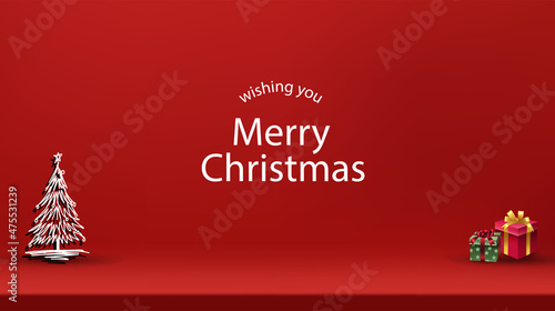 Christmas and New Year background. Xmas pine fir lush tree. Candy cane, golden gifts box. Glass Balls hanging on ribbon. Bright Winter holiday composition. Greeting card, banner, poster