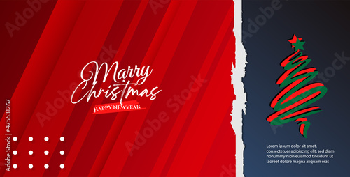 Christmas and New Year background. Xmas pine fir lush tree. Candy cane, golden gifts box. Glass Balls hanging on ribbon. Bright Winter holiday composition. Greeting card, banner, poster