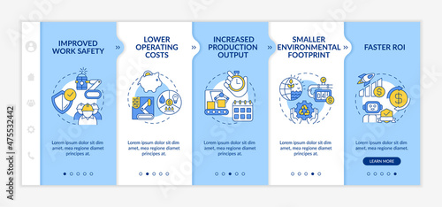 Benefits of industrial automation blue and white onboarding template. Responsive mobile website with linear concept icons. Web page walkthrough 5 step screens. Lato-Bold, Regular fonts used