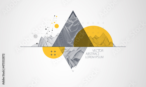 Scientific and technical image of the mountains. Abstract wireframe surface background inside a triangle.