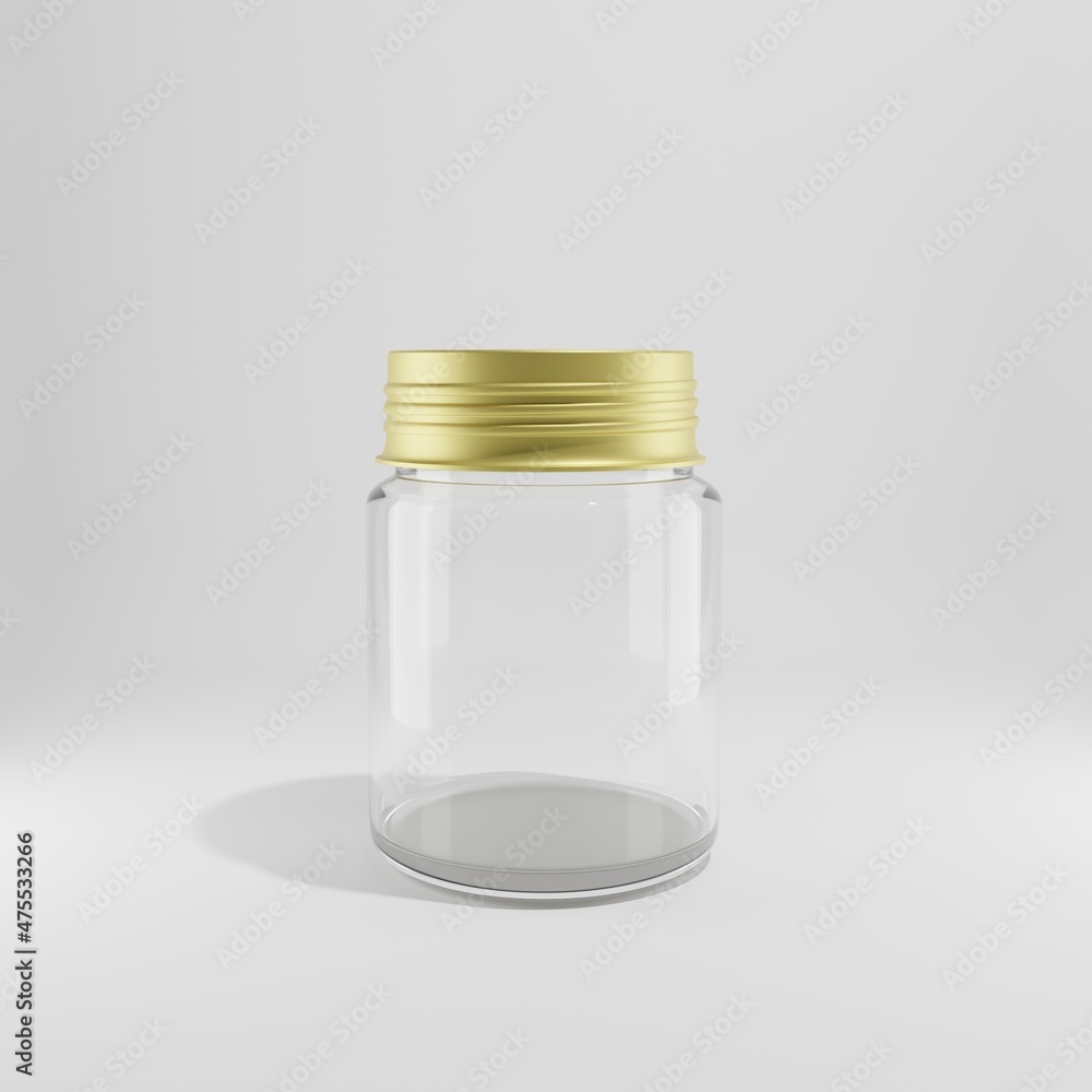 glass jar white with gold metallic cap a front view 3d render glass jar white with gold metallic cap a front view 3d render