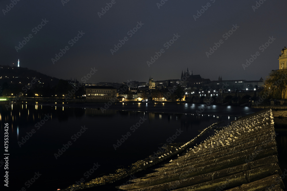 View of Vltava river in Prague at night, with seagulls on wooden posts and Charles Bridge, Prague Castle and Petrin Lookout Tower in the background. View of Vltava river in Prague at night, with seagulls on wooden posts and Charles Bridge, Prague Castle and Petrin Lookout Tower in the background.