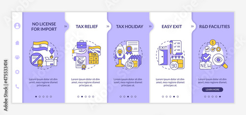 Business benefits in India purple and white onboarding template. Easy exit. Responsive mobile website with linear concept icons. Web page walkthrough 5 step screens. Lato-Bold, Regular fonts used