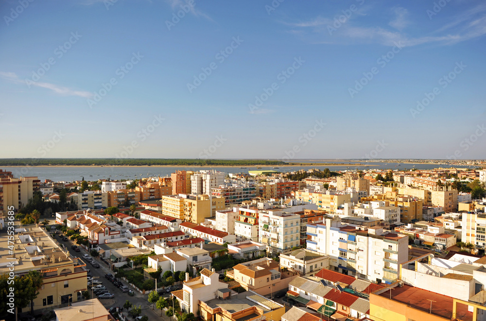 Sanlucar de Barrameda with the Guadalquivir River and the Donana National Park in the background, Cadiz province, Spain.