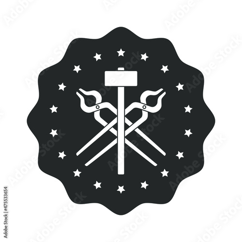 Blacksmith shop graphic sign. Smithy symbol. Stamp with forging tools. Sign isolated on white background. Vector illustration