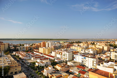 Sanlucar de Barrameda with the Guadalquivir River and the Donana National Park in the background, Cadiz province, Spain.