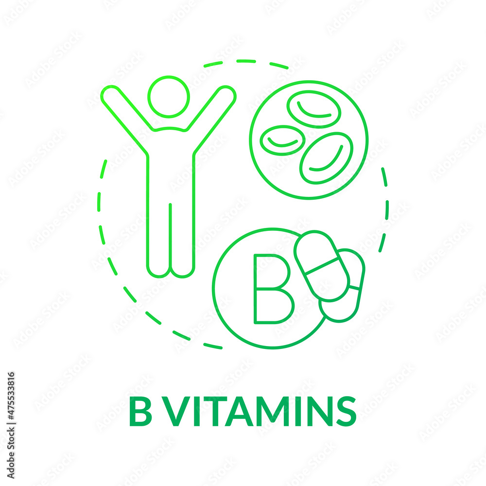 Obraz premium B vitamins green gradient concept icon. Supplements for wellness and fitness abstract idea thin line illustration. Isolated outline drawing. Roboto-Medium, Myriad Pro-Bold fonts used