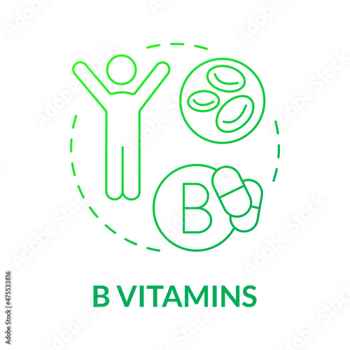 B vitamins green gradient concept icon. Supplements for wellness and fitness abstract idea thin line illustration. Isolated outline drawing. Roboto-Medium, Myriad Pro-Bold fonts used