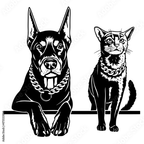 Cool cat and dog. Peeking Doberman. Vector hand drawn illustration. Vinyl Cutting and Printing File