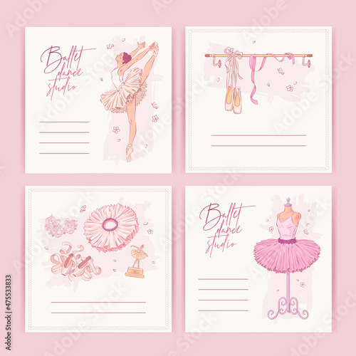Set of hand drawn square banners with ballerina and ballet accessories. Ballet greeting card collection. Vector illustration