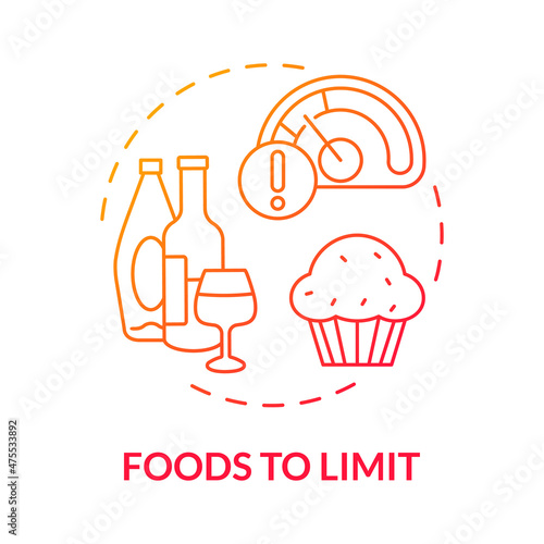 Foods to limit red gradient concept icon. Wrong products. Wellness lifestyle abstract idea thin line illustration. Isolated outline drawing. Roboto-Medium, Myriad Pro-Bold fonts used