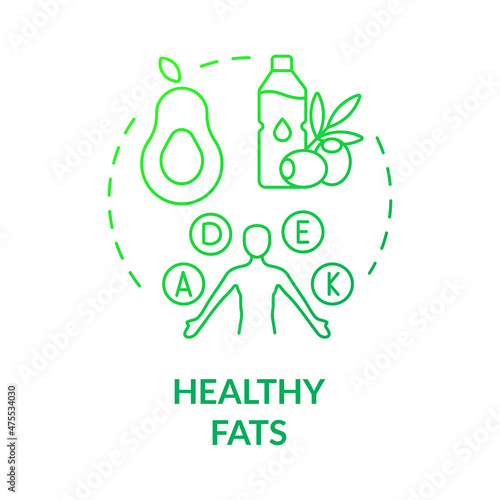 Healthy fats green gradient concept icon. Natural products for strong health abstract idea thin line illustration. Isolated outline drawing. Roboto-Medium, Myriad Pro-Bold fonts used