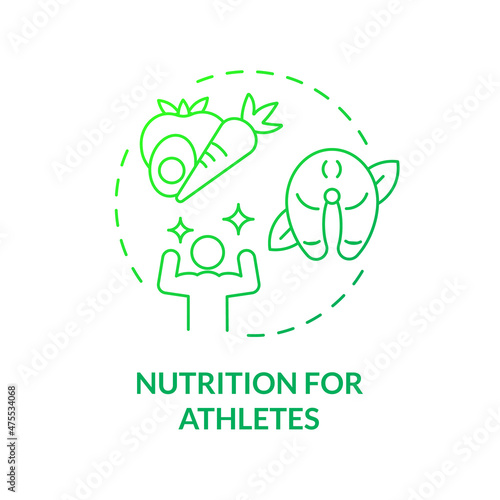 Nutrition for athletes green gradient concept icon. Foods for active lifestyle abstract idea thin line illustration. Isolated outline drawing. Roboto-Medium, Myriad Pro-Bold fonts used