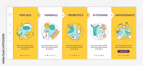 Dietary supplements yellow and orange onboarding template. Fitness food. Responsive mobile website with linear concept icons. Web page walkthrough 5 step screens. Lato-Bold, Regular fonts used