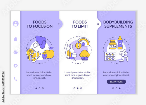 Bodybuilding nutrition purple and white onboarding template. Health care. Responsive mobile website with linear concept icons. Web page walkthrough 3 step screens. Lato-Bold, Regular fonts used