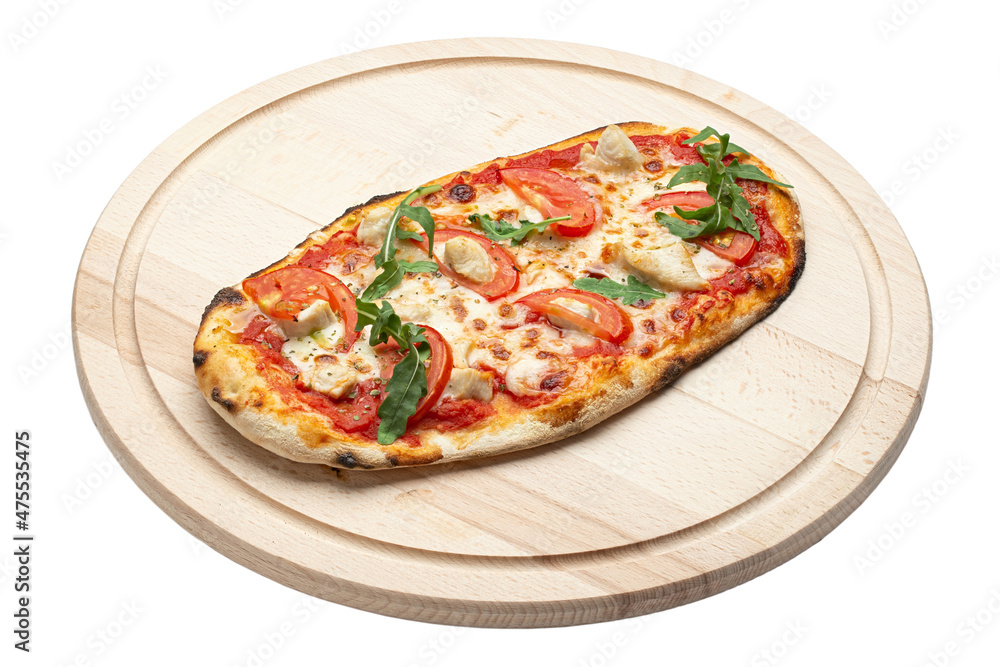 Delicious pizza served on wooden plate isolated on white background. File contains clipping path. Concept for advertising flyer and poster for restaurants or pizzerias,