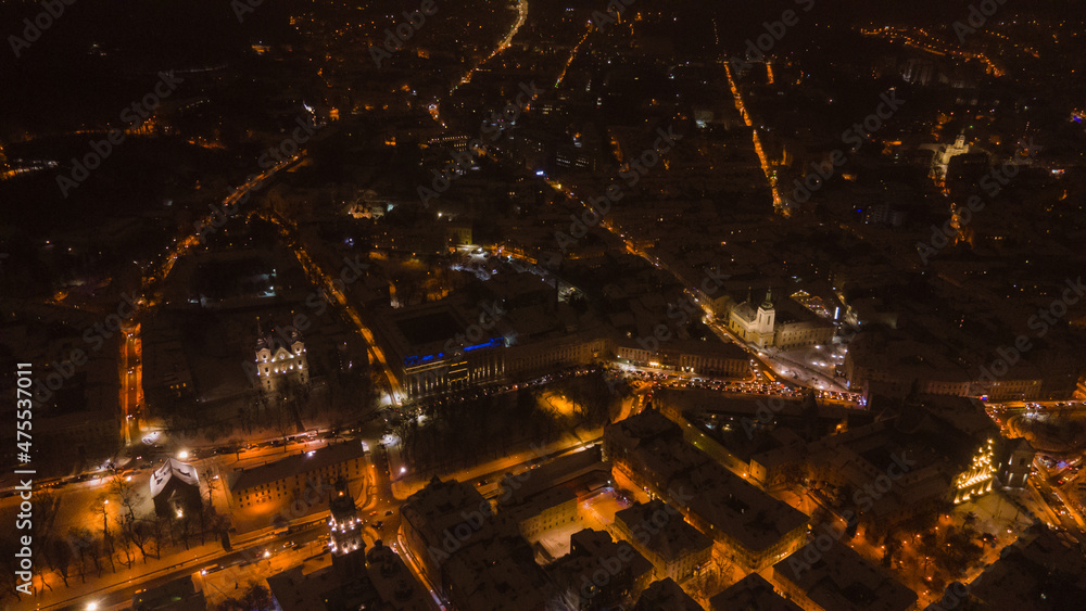 aerial view of night winter lviv city center