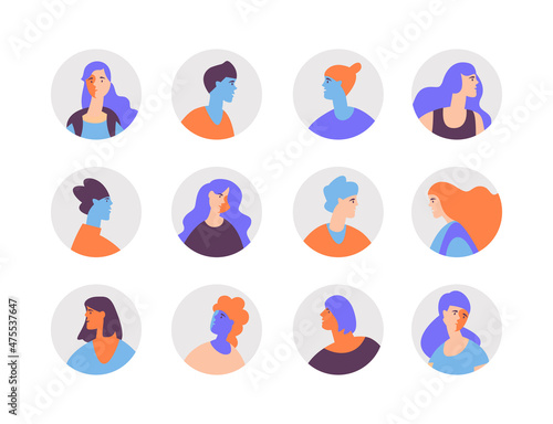 Set of head shot characters man and women trendy flat style. Portrait, user or avatar teenager, young people