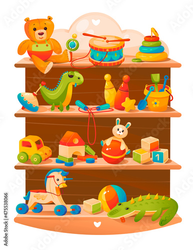 Children's toys on the shelves: teddy bear, ball, car, dinosaur, pony, cubes, drum, wooden toys, pyramid. Cartoon vector illustration.