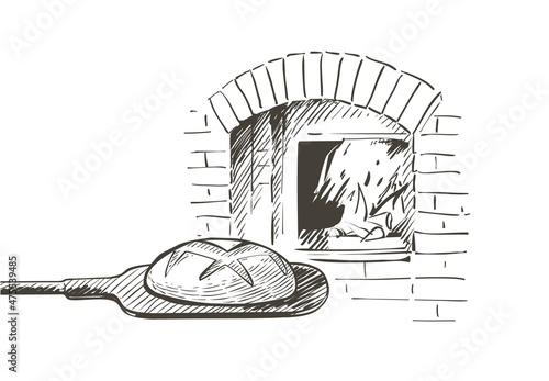 Vector bread on a shovel baked in a wood-fired oven. Vintage line sketch hand-draw illustration