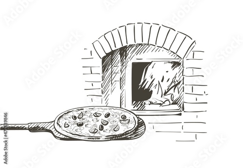 Vector pizza on a shovel, baked in a wood-fired oven. vintage hand-draw line sketch illustration