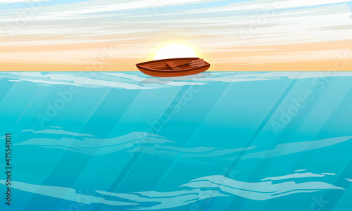 Boat on the surface of the sea. Realistic vector landscape