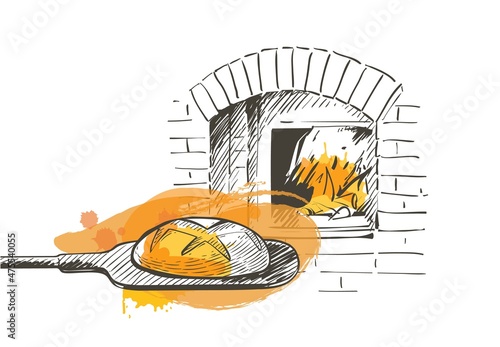 Vector bread on a shovel baked in a wood-fired oven. Vintage line sketch hand-draw illustration