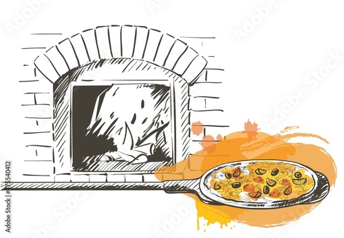 Vector pizza on a shovel, baked in a wood-fired oven. vintage hand-draw line sketch illustration