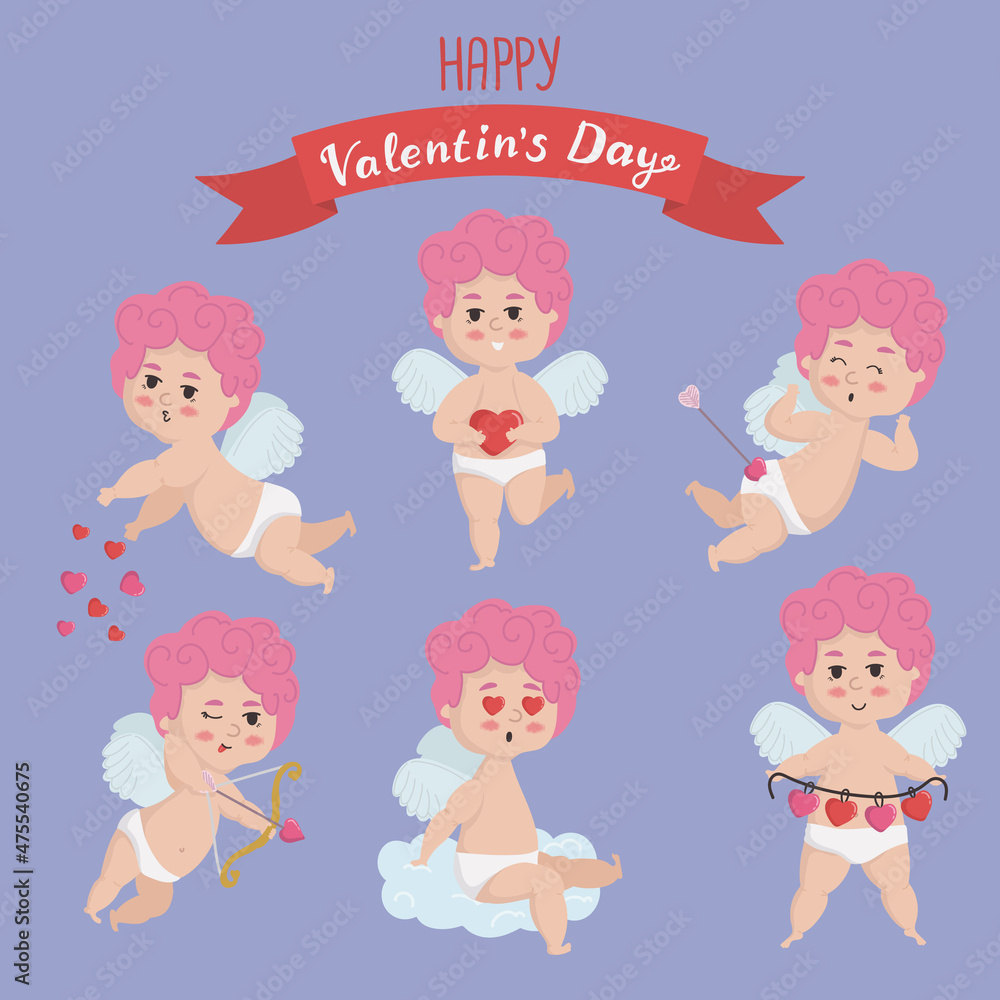 Vector illustration  set of pink-haired cupid in different poses and congratulations. Valentine's day and wedding concept cupid archery, sitting on a cloud ,giving love