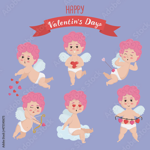 Vector illustration set of pink-haired cupid in different poses and congratulations. Valentine's day and wedding concept cupid archery, sitting on a cloud ,giving love